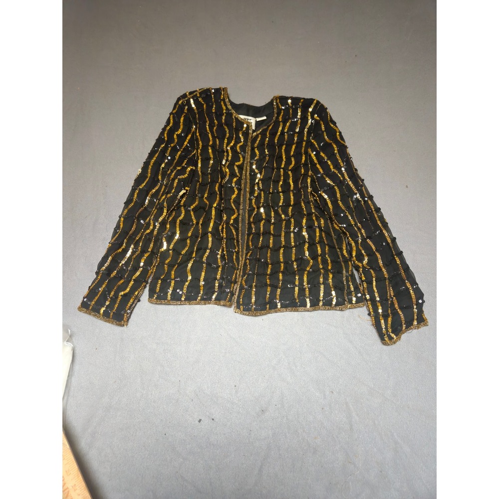 Vtg Nite Line by Lim Silk Evening Jacket Black Gold Sequin Wavy Stripe Vintage L
